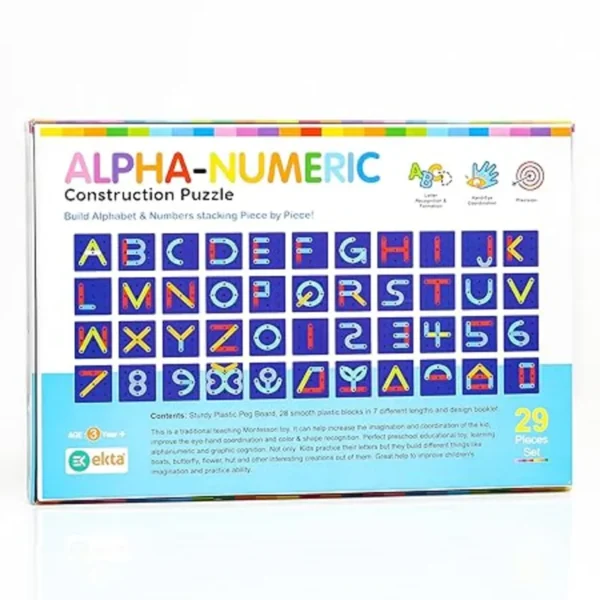 Ekta Alpha-Numeric Construction Puzzle Toy, Built 29 Piece Puzzles Board, Learning Educational Game for Teaching Alphabets, Letters, Numbers & Common Shapes