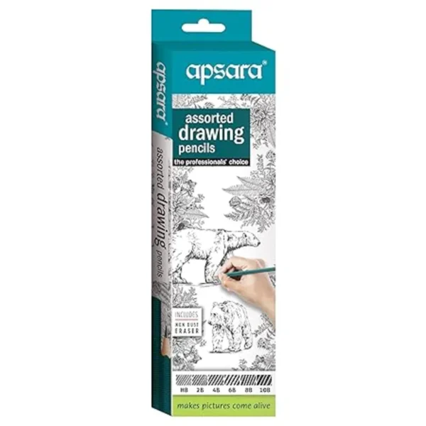 Apsara Assorted Drawing Pencils, Six Distinctive Grades (Hb, 2b, 4b, 6b, 8b, 10b) Includes Non-dust Eraser, for Artists, Pack of 6