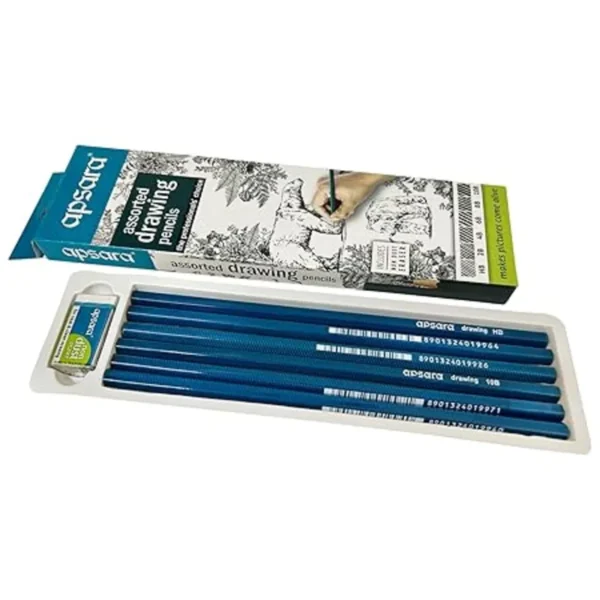Apsara Assorted Drawing Pencils, Six Distinctive Grades (Hb, 2b, 4b, 6b, 8b, 10b) Includes Non-dust Eraser, for Artists, Pack of 6 Sketch Pencil
