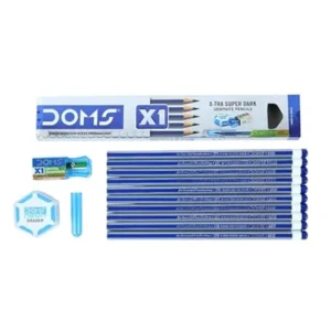 DOMS X1 Xtra Super Dark Pencils Box Pack|Hexagonal Shape For Easy Holding&Comfort|Free Eraser|Scale&Pencil Cap Inside|Dark&Neat Handwriting|Pack Of 10 Pencils|
